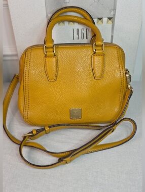MCM Mustard Yellow Pebbled Leather Crossbody Satchel w/ COA